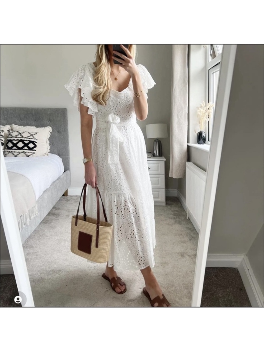 🌎 Zara White Eyelet Maxi Dress with Tie Waist